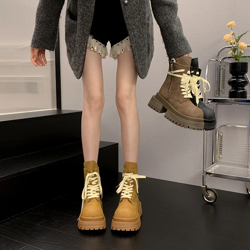 贾不假马丁靴女款2025春季新款时尚系带复古休闲风气质百搭短筒靴