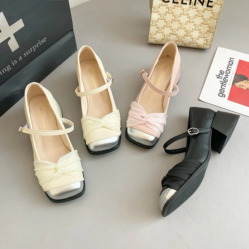 贾不假2025夏季方头粗跟法式百搭一字带高跟温柔浅口仙女风单鞋女