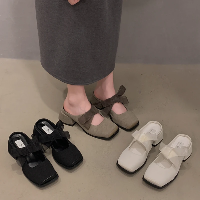 贾不假2025春秋新款气质百搭小个子仙女风时尚粗跟方头外穿凉拖鞋