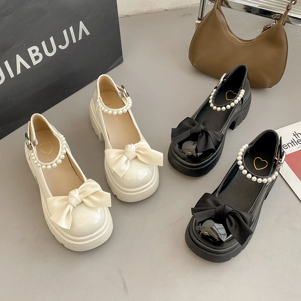 JIABUJIA/贾不假-2024春季新款复古百搭珍珠蝴蝶结粗跟玛丽珍女鞋