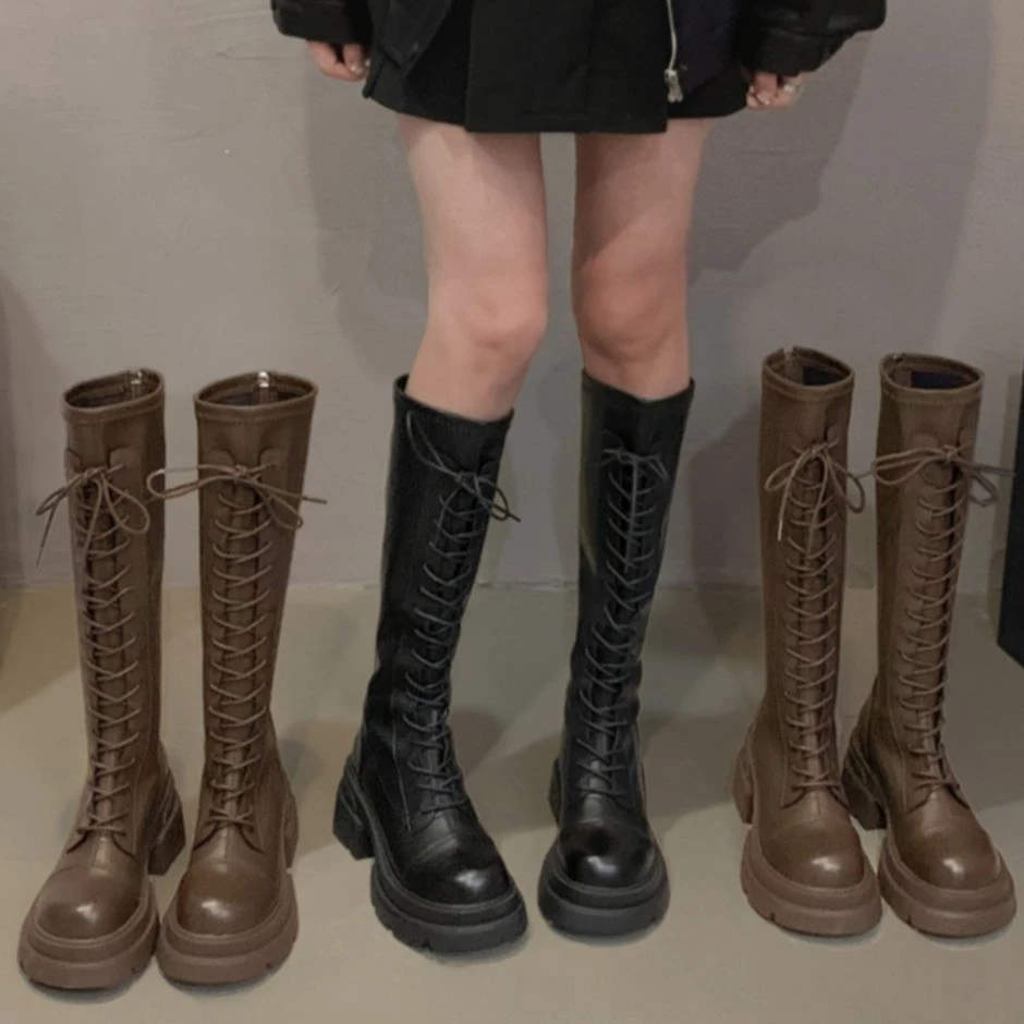 JIABUJIA/贾不假-系带长筒靴2023秋冬新款厚底加绒骑士靴长靴女潮