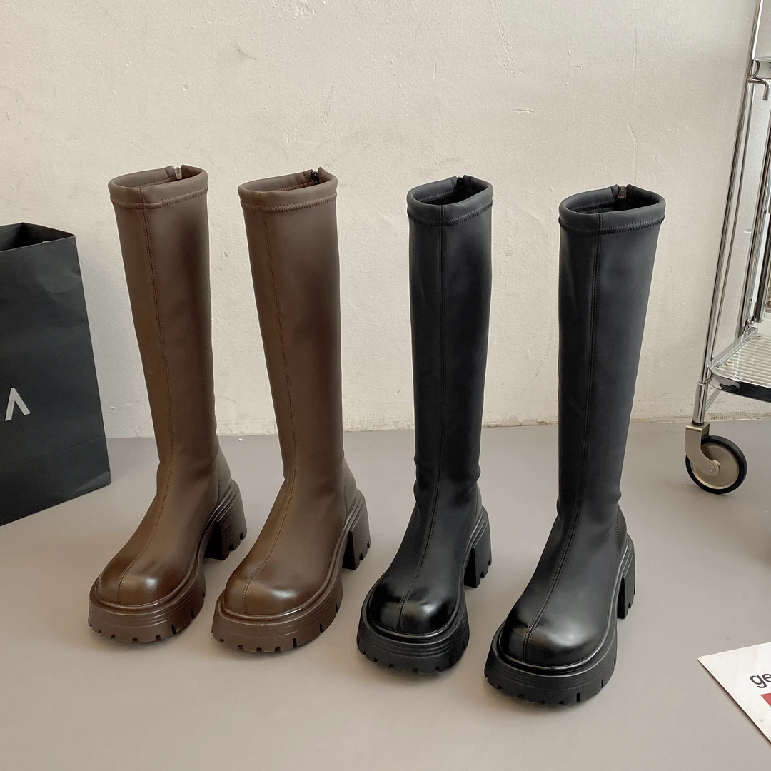 JIABUJIA/贾不假-2023秋冬新款加绒时装长筒靴简约百搭时尚厚底靴