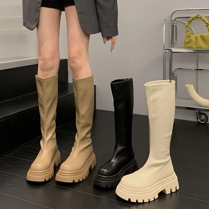 贾不假长筒靴女款2025秋冬新款气质粗跟法式复古百搭小个子瘦瘦靴