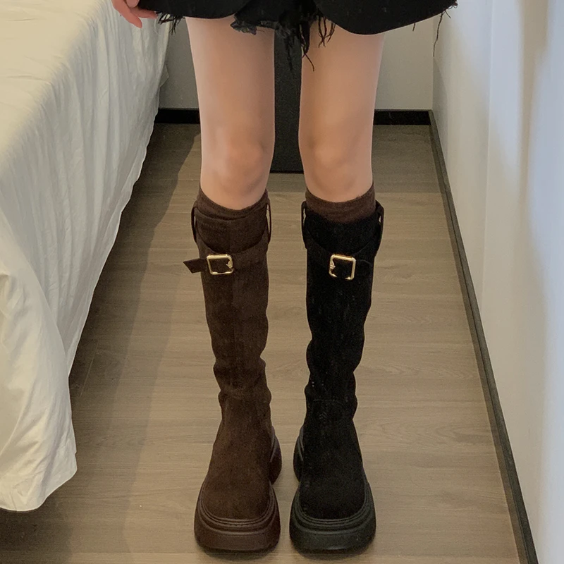 贾不假长筒靴女2024秋季新款百搭流行复古厚底英伦风不掉筒瘦瘦靴