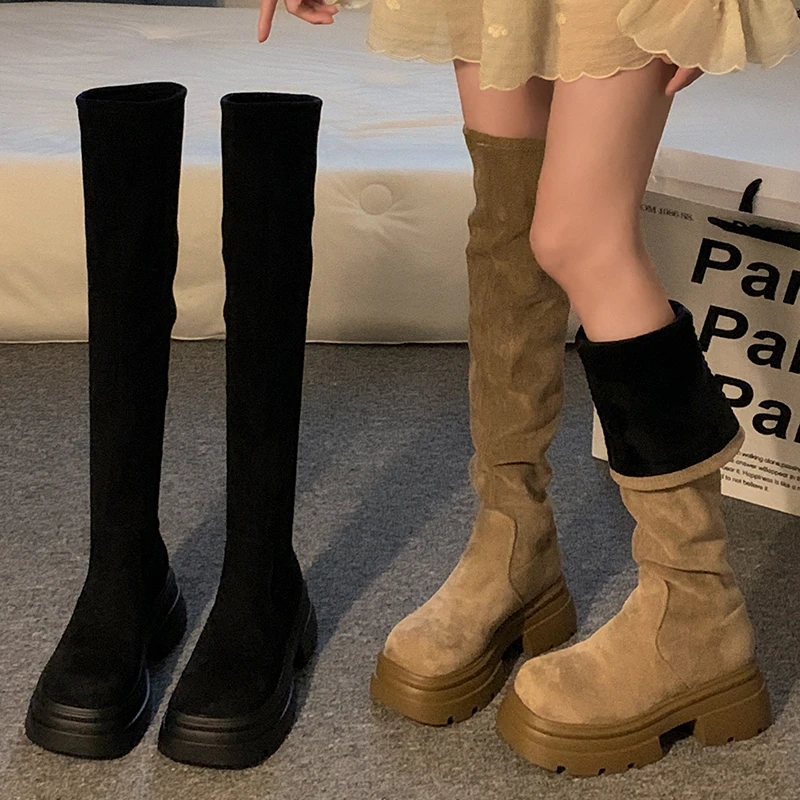 贾不假高筒过膝靴2024冬季新款气质法式复古风厚底长筒韩系弹力靴