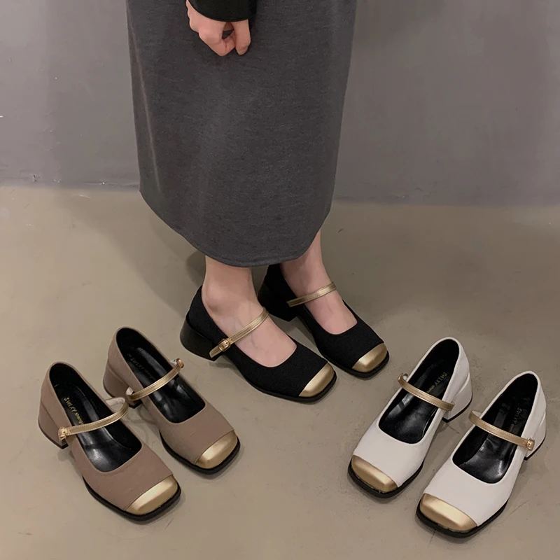 贾不假2024夏新款法式复古风小众百搭粗跟配裙子高跟浅口玛丽珍鞋