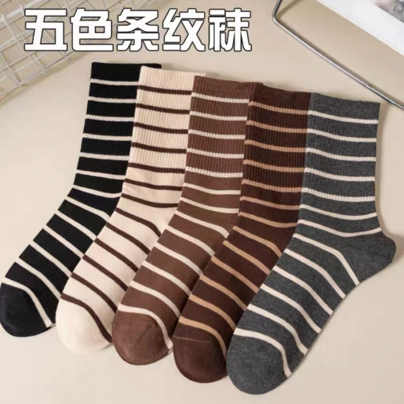 秋冬保暖袜子女款横条纹简约中筒袜外穿新款洋气ins潮女袜