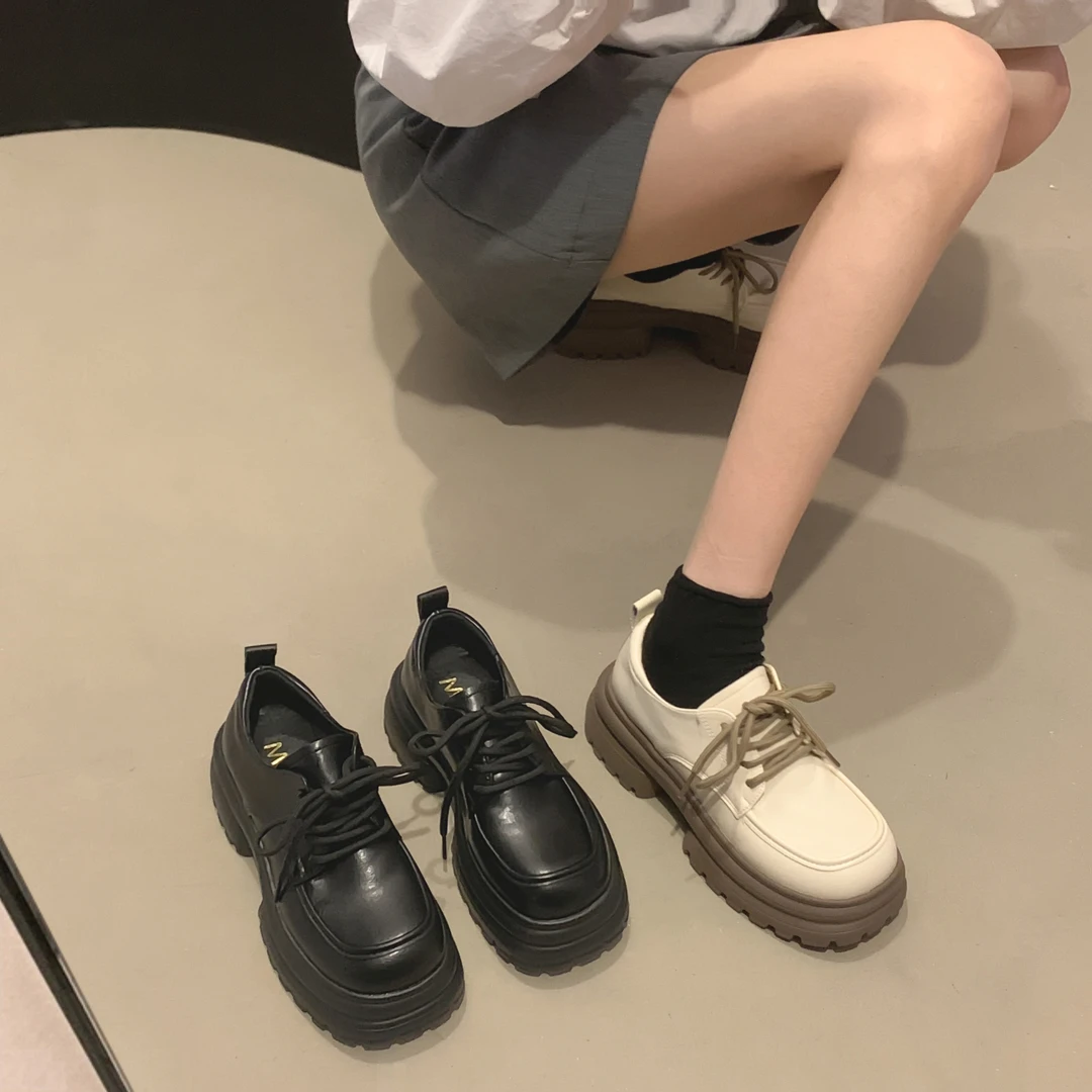 JIABUJIA/贾不假-韩系乐福鞋女2023秋新款百搭简约复古粗跟小皮鞋