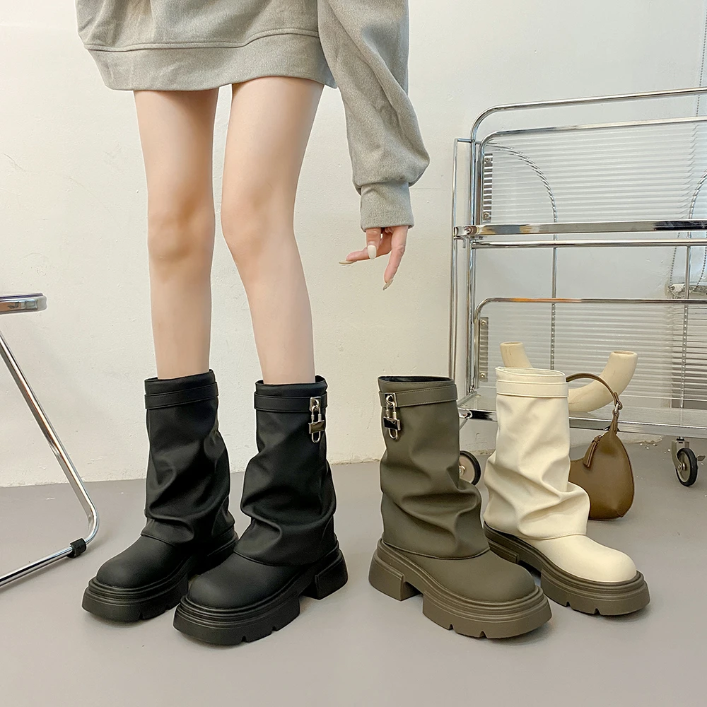 贾不假2025春新款百搭厚底中筒时尚气质网红英伦复古风休闲时装靴