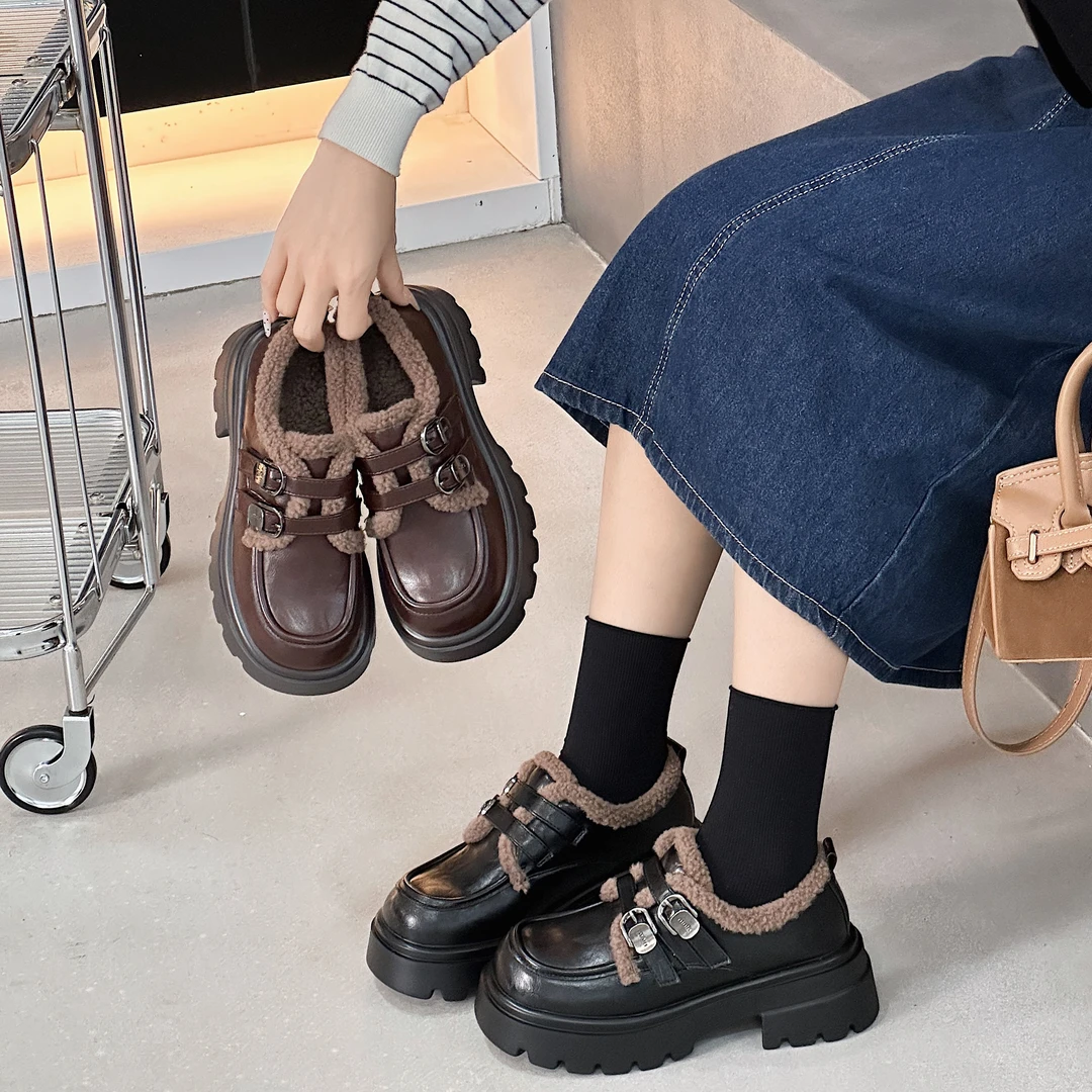 黑色粗跟厚底小皮鞋女新款复古英伦风乐福鞋加绒保暖棉鞋8170-105