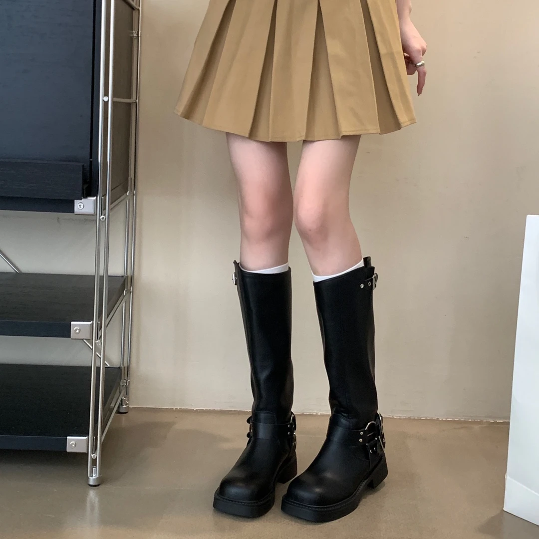 漫斯贝尔骑士靴女时尚不过膝西部牛仔靴粗跟复古擦色朋克风机车