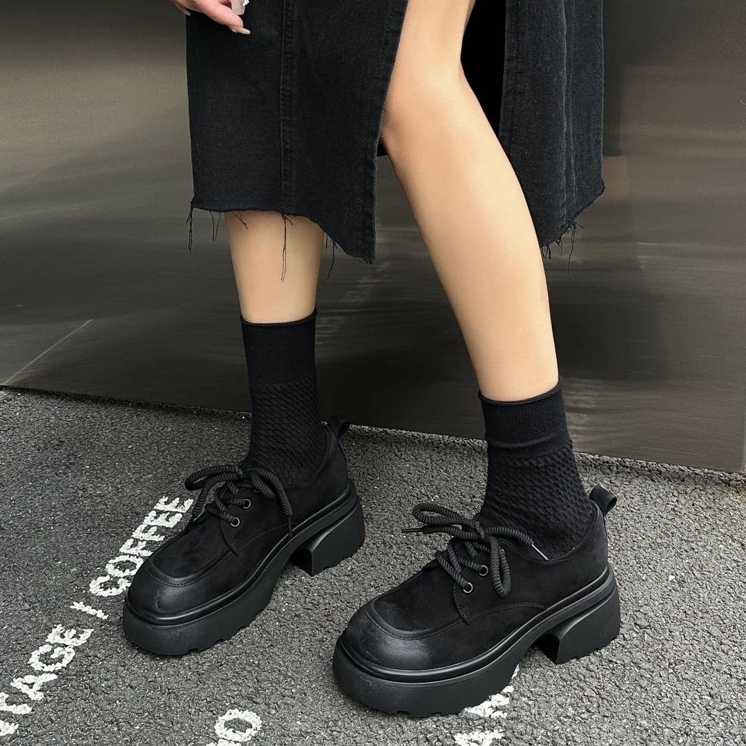 厚底系带女2023新款复古粗跟磨砂乐福鞋英伦单鞋139-3