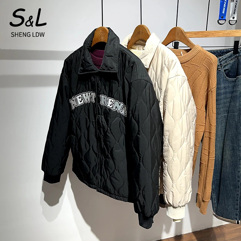 韩版时尚轻奢百搭印花拼接保暖个性外套冬季男士休闲商务翻领棉衣