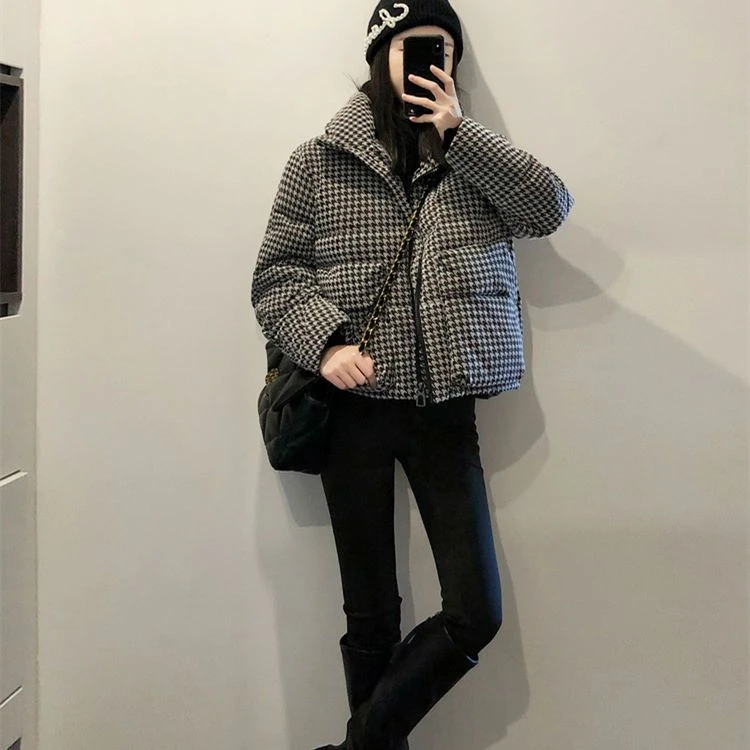 千鸟格羽绒羽绒服女2023年冬季宽松加厚羽绒服小个子短款羽