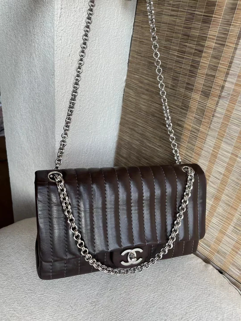 95新 Chanel/香奈儿 送中检/竖纹巧克力色CF单肩包