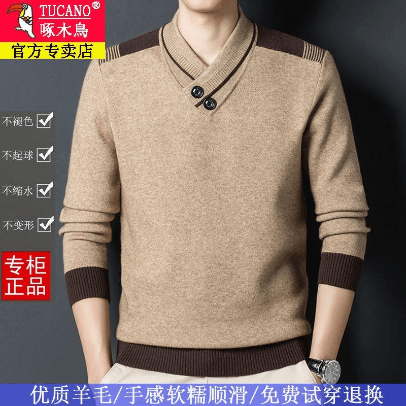 羊毛衫男加厚款冬季中青年保暖毛衣纯色休闲V领针织打底衫