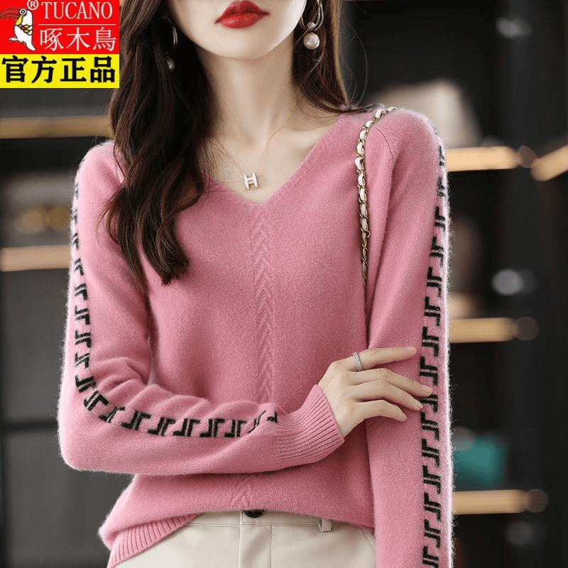 秋冬新款v领羊毛衫女羊毛宽松针织打底衫显瘦洋气羊绒毛衣