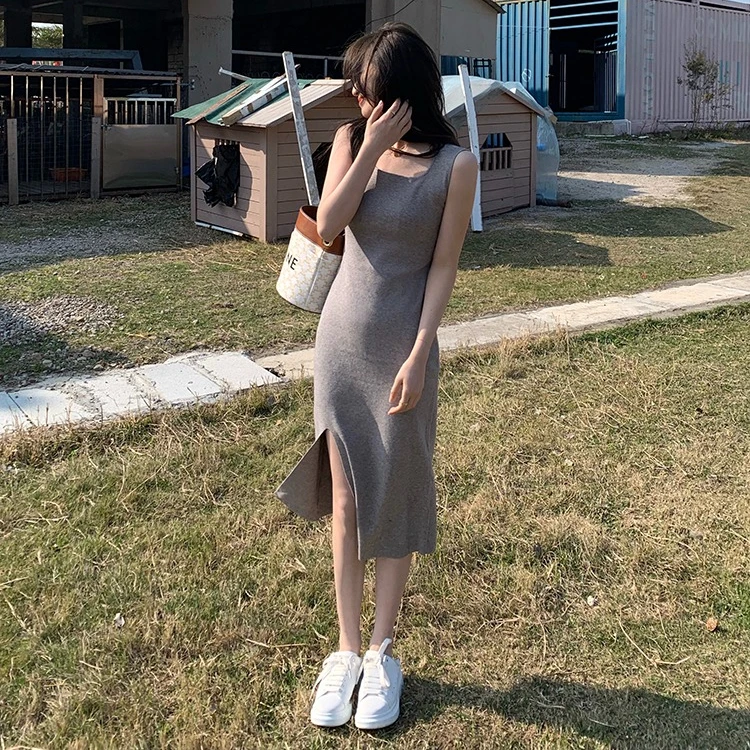 夏季2024年新款韩系针织连衣裙背心内搭外穿开叉吊带打底裙女
