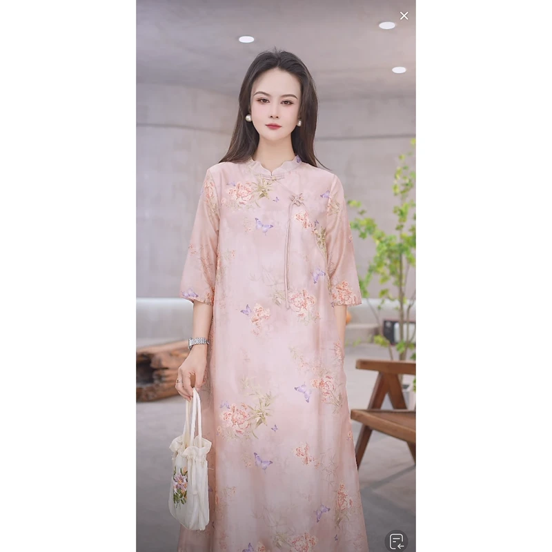 西子素然 原创中国风桑蚕丝显瘦气质时尚旗袍七分袖A字连衣裙6311