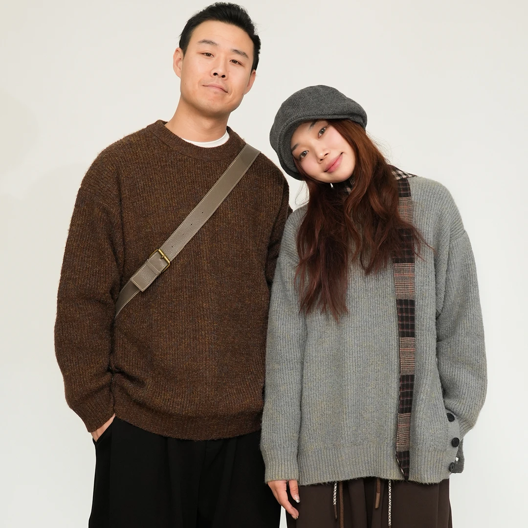 青式【侧边纽扣花纱套头毛衣】休闲宽松复古针织衫上衣男女同款秋冬