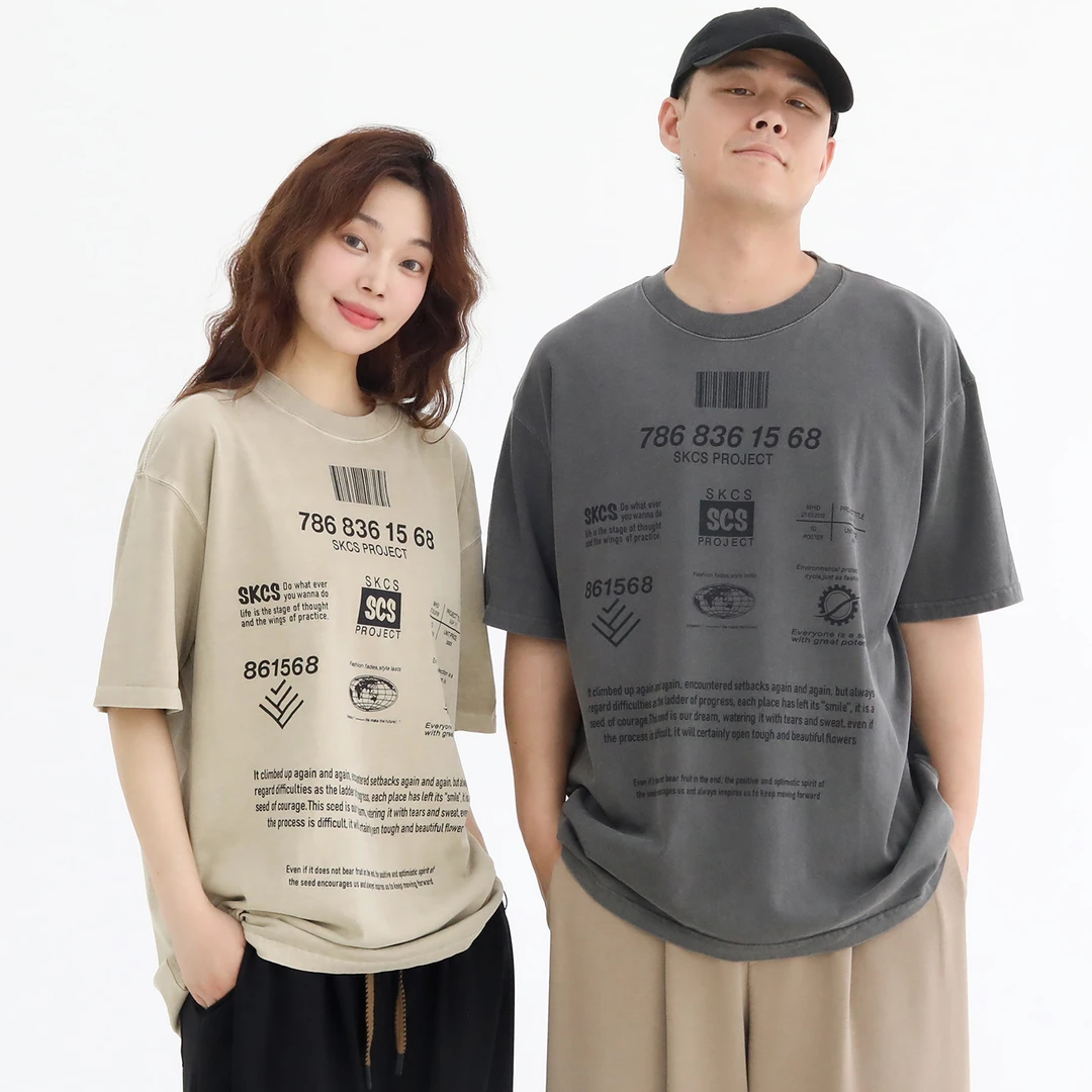 青式【字母排版美式水洗短袖T恤】日系宽松复古圆领上衣情侣款潮夏