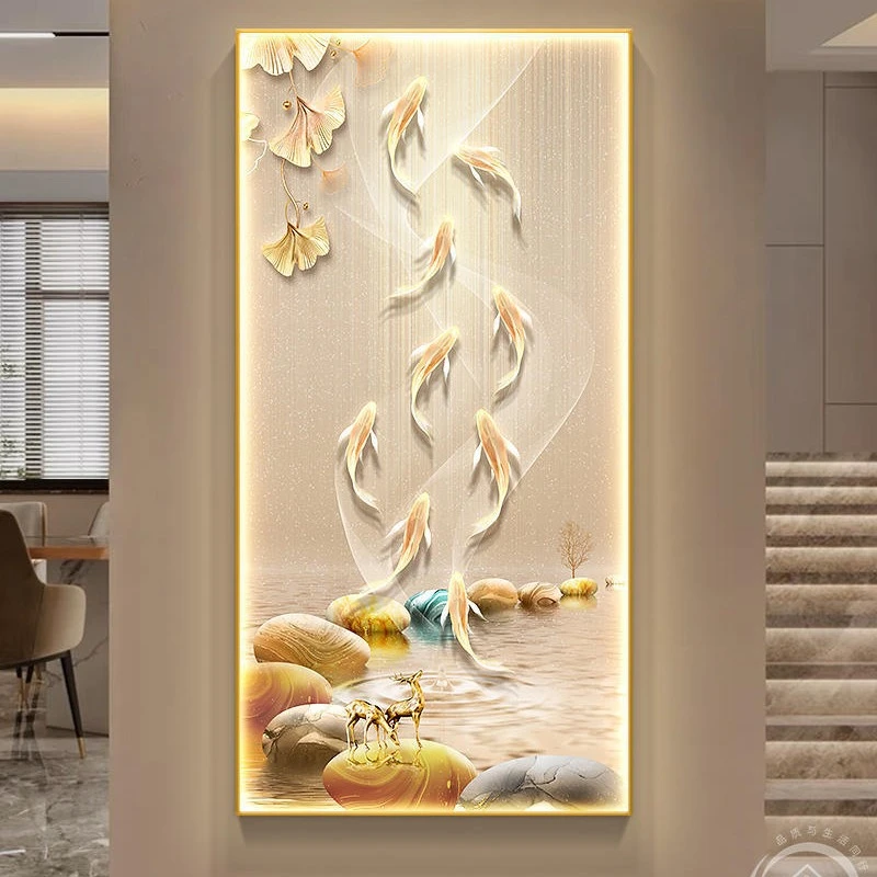 九鱼图玄关装饰画高档入户门轻奢壁画灯现代客厅走廊过道寓意挂画