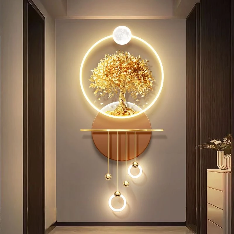 现代轻奢玄关装饰画发财树入户走廊led灯高档大气立体挂画客厅画