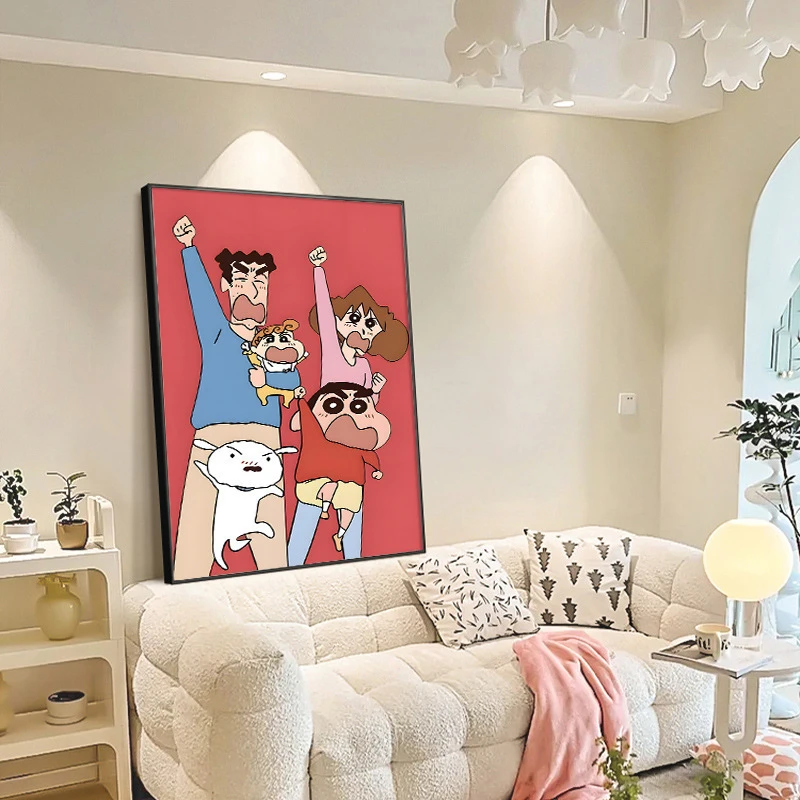 蜡笔小新多巴胺客厅装饰画ins风现代轻奢卧室床头挂画一家三四口