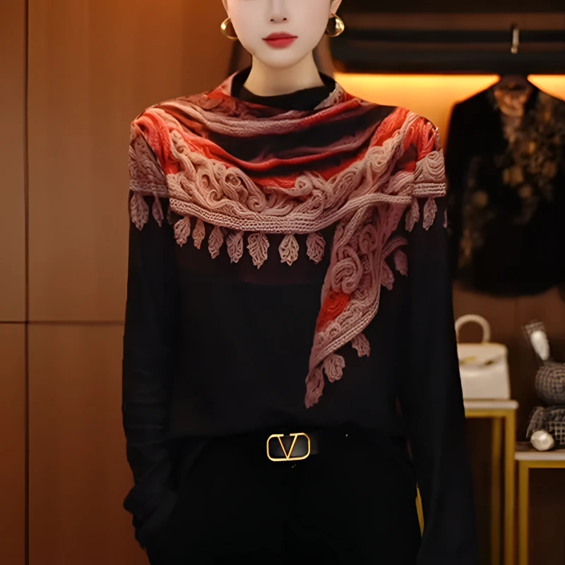 减龄时尚女上衣设计感气质百搭大方白显新款显瘦轻奢洋气印花秋冬