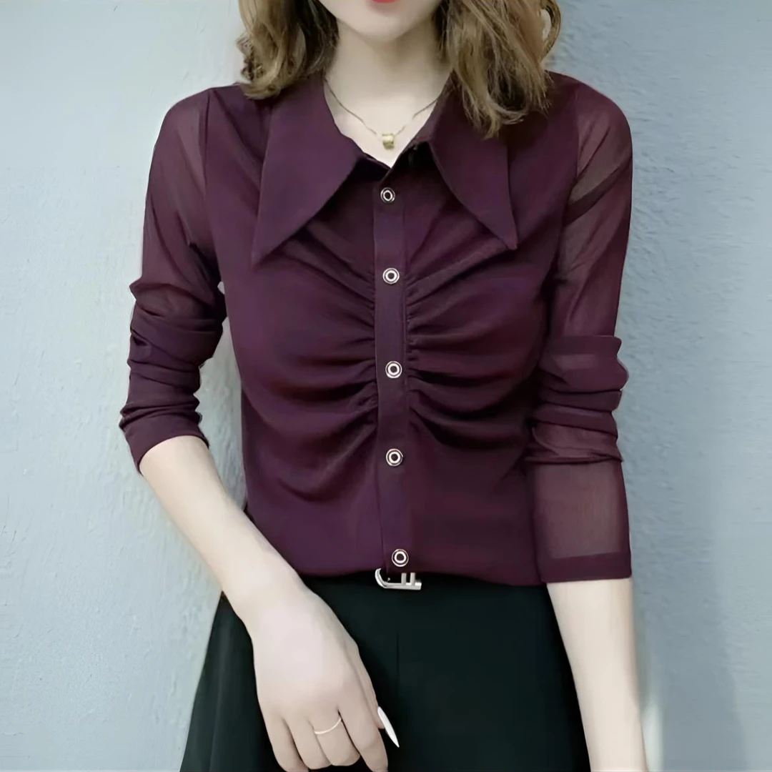 2025新款时尚洋气气质褶皱翻领衬衫遮肉显瘦百搭宽松长袖小衫