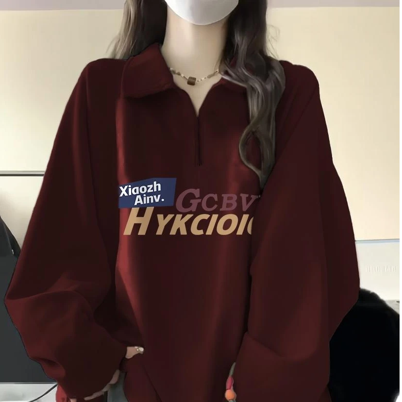 半拉链卫衣女加绒加厚美式复古慵懒风宽松Polo领上衣薄款套头卫衣