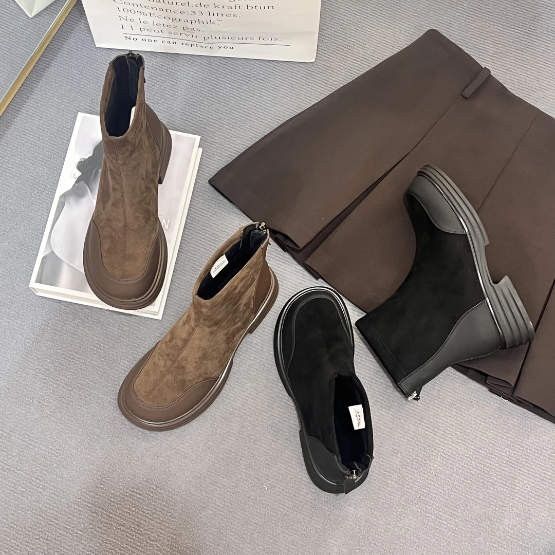 厚底短靴绒面瘦瘦靴英伦风复古马丁靴棉鞋