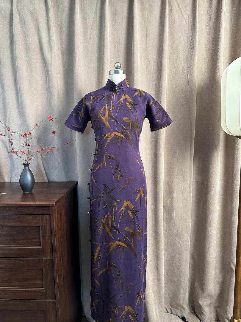 肆时花「暮山竹韵」绢纺香云纱  全开襟古法手工旗袍-5-1350