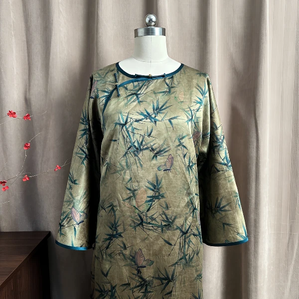 肆时花「以竹为蝶」缎龟香云纱 无省复古开襟手工袍子-5-130