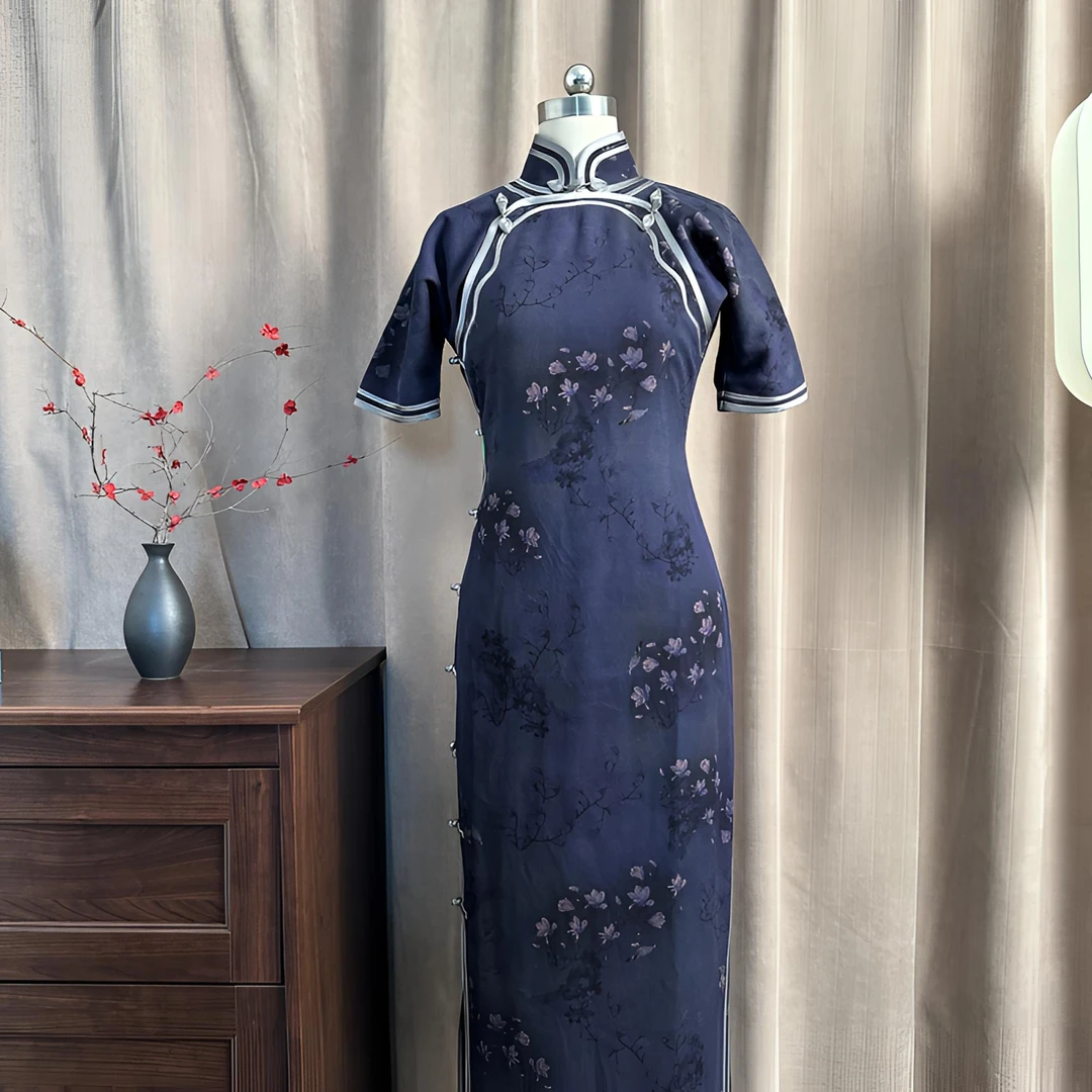 肆时花「白帝瑶蕊」香云纱  全开襟古法手工旗袍-5-1350