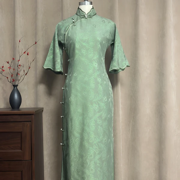 肆时花「青空浮羽」正绢全开襟古法手工成品旗袍相思2025-5-135