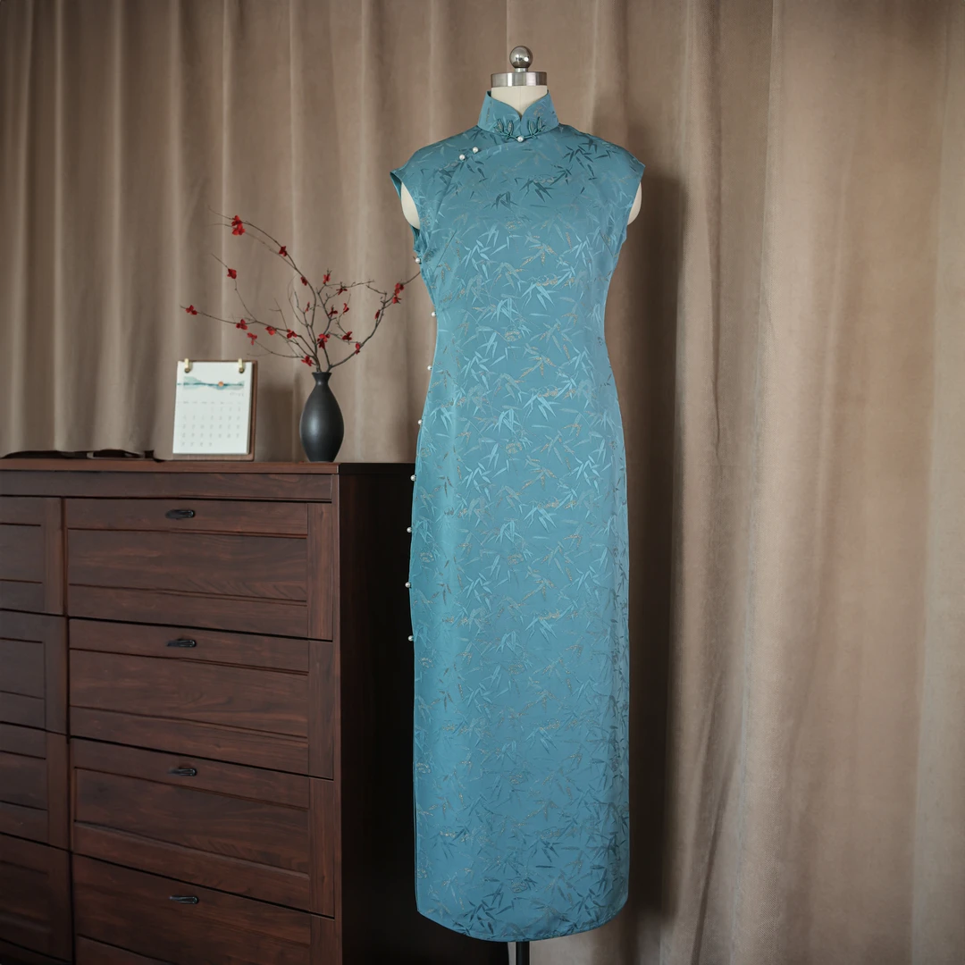 肆时花「竹报安康」正绢织金古法手工旗袍-135