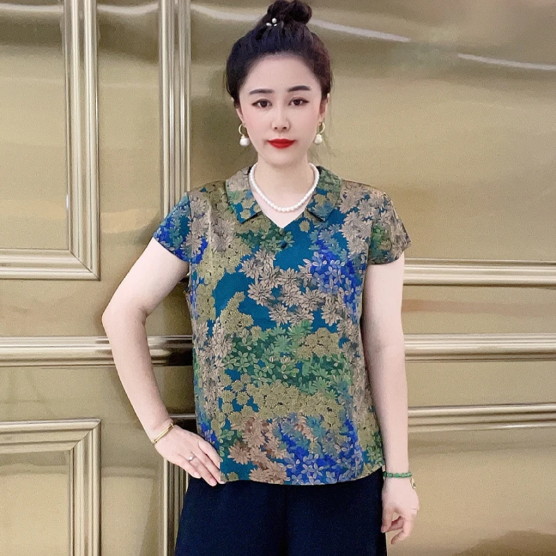 2359-1 夏季翻领中国风时尚网红气质妈妈装中年女性上衣绿色女装