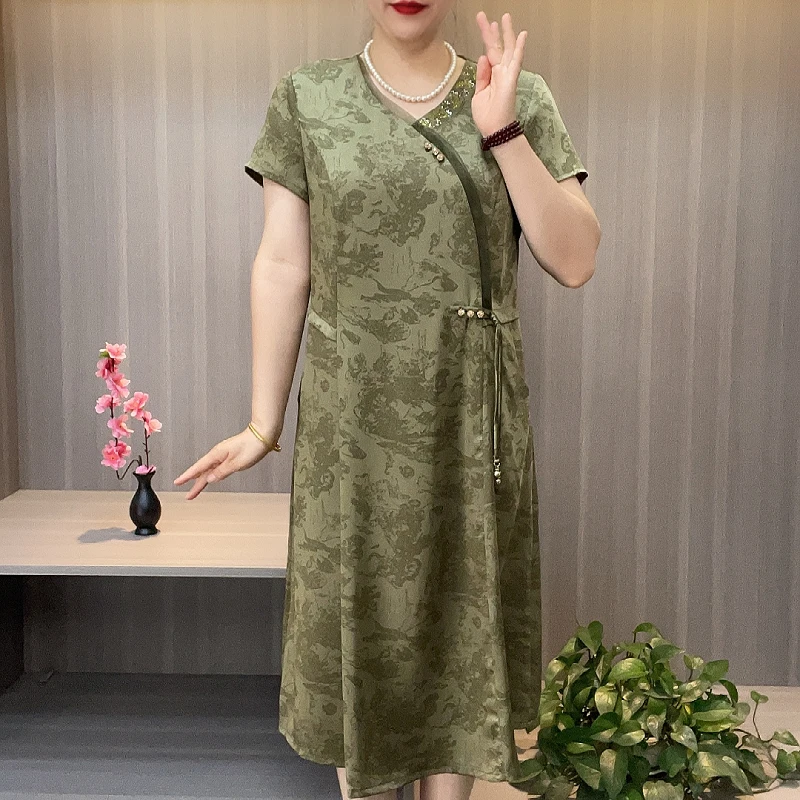 891莫奈花园风夏季短袖显瘦带兜中长款提花烫钻V领连衣裙妈妈装