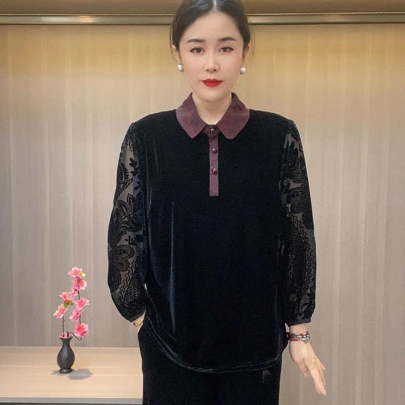 0016返潮复古精品秋上新加肥加大妈妈装50-60岁中老年t恤翻领黑色