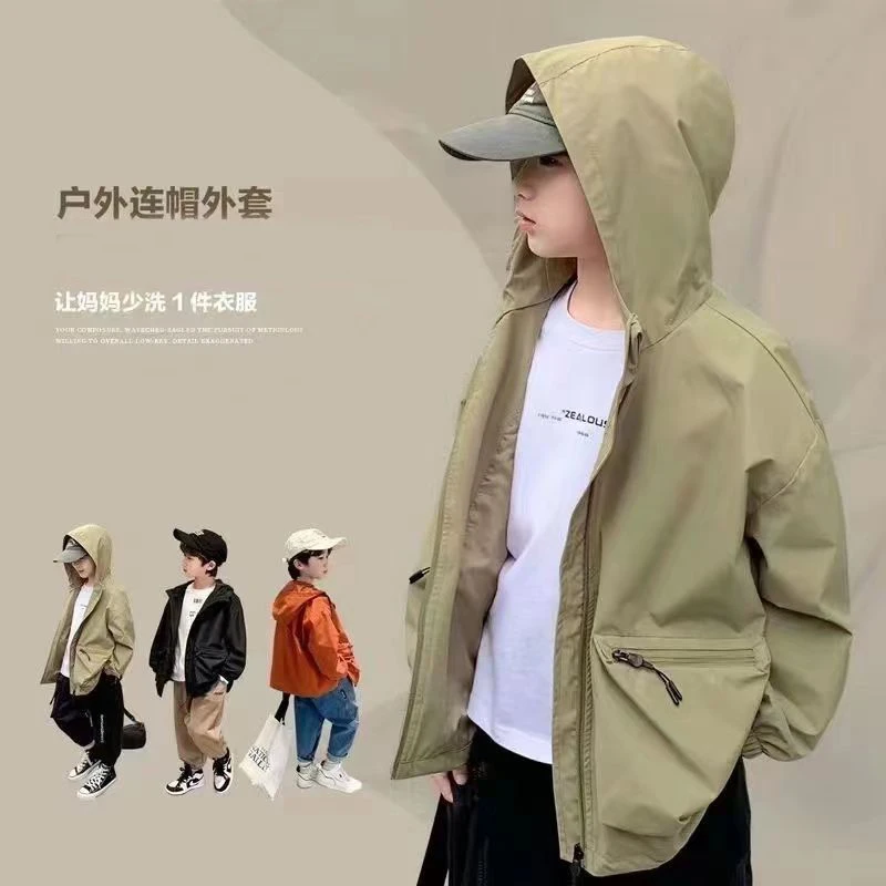 男童外套春秋款2024新款儿童连帽工装风衣中大童韩版嘻哈冲锋衣
