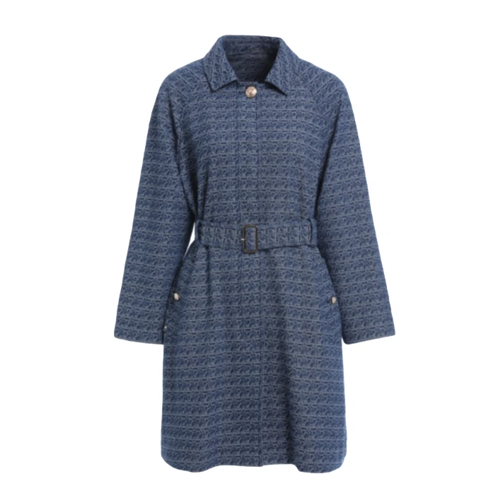 L·W/画而诗蓝色毛呢中长款经典翻领早春新款时尚风衣外套LBB81050