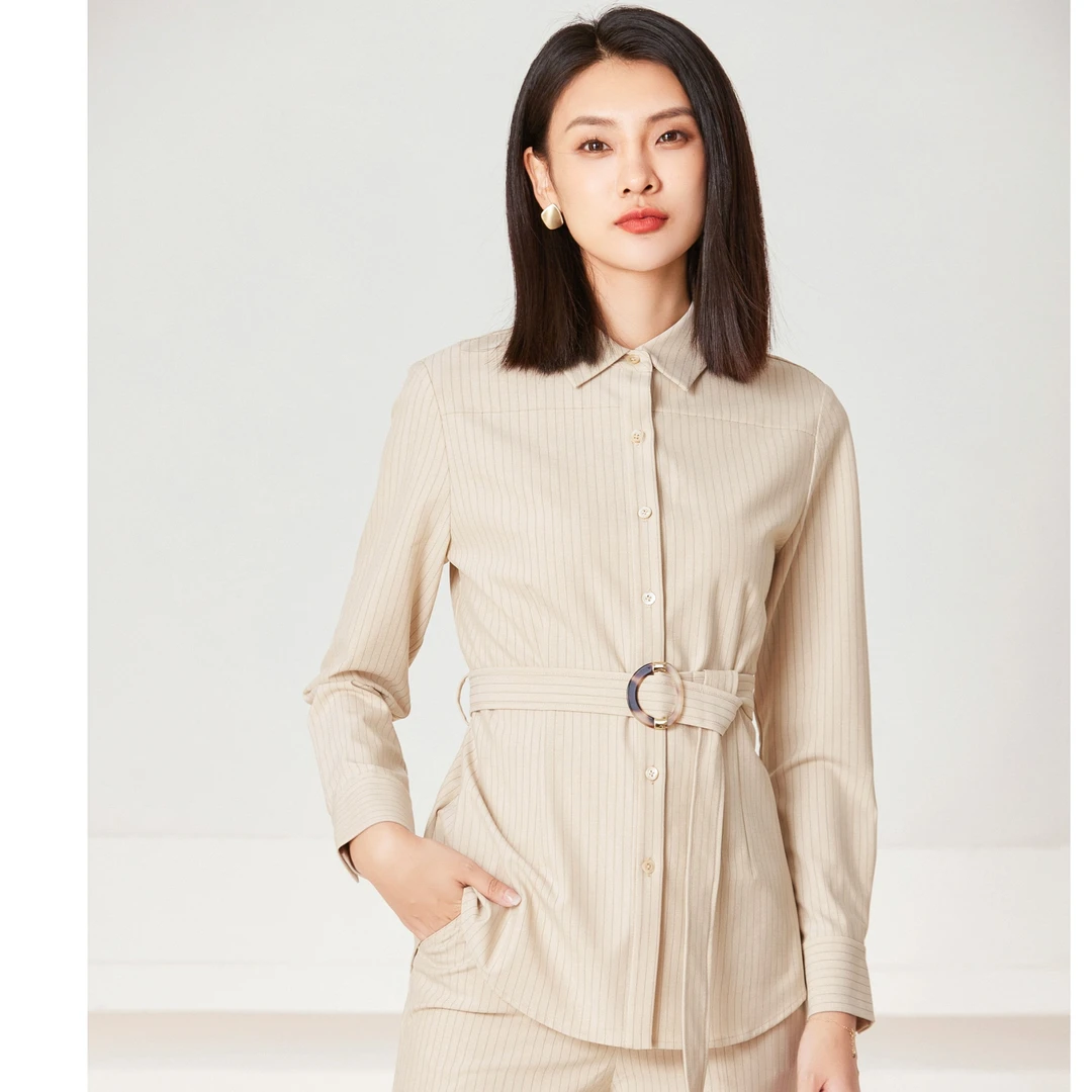 L·W/画而诗早秋新款竖条纹显瘦显高长袖衬衫女上衣休闲LBC82009