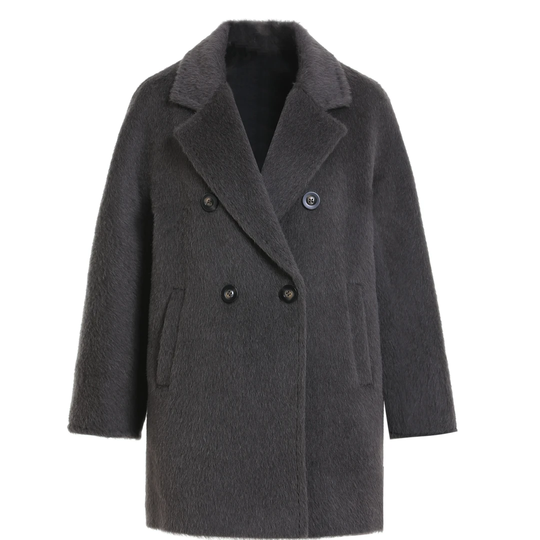 L·W/画而诗冬季新款时尚百搭翻领休闲灰色女士双面呢大衣LBC90227