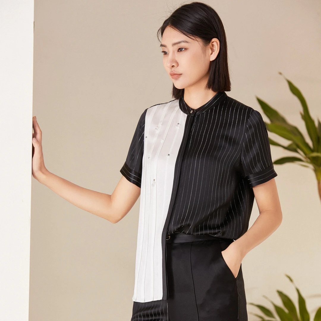 L·W/画而诗夏季衬衣轻奢时尚休闲黑色印花高端衬衫显瘦LBB62035