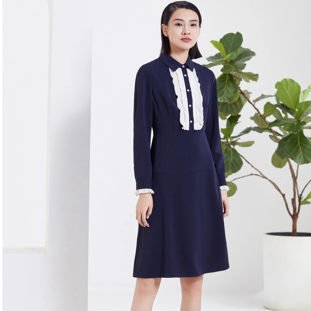 L·W/画而诗新款气质秋季显瘦翻领休闲女士中长时尚连衣裙LBB95019