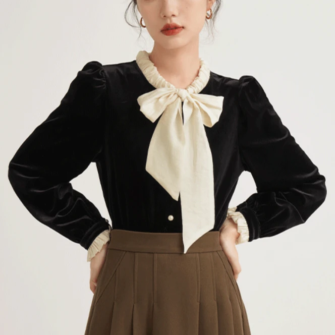 小香风黑色显瘦丝绒打底衫2025秋新款贵气复古上衣显瘦百搭打底衫