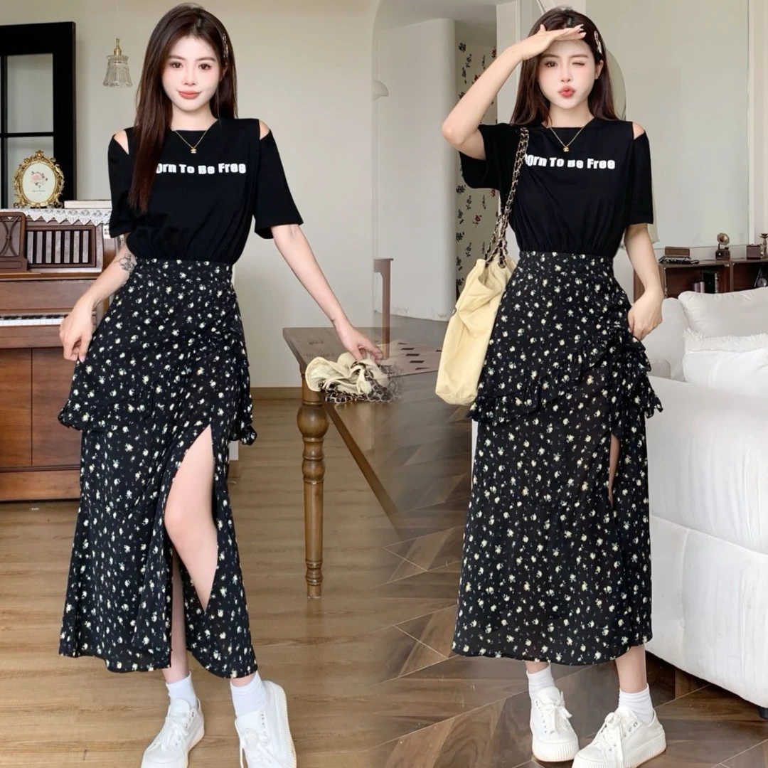 2025新款女装夏夜花语连衣裙假两件开衩显瘦收腰正肩开叉连衣裙