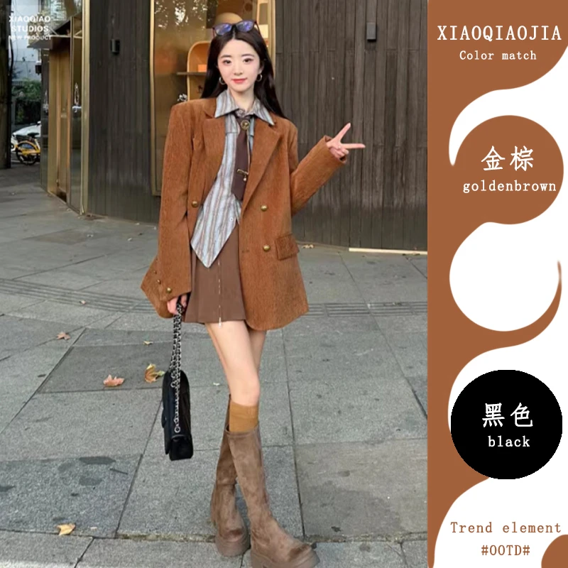 加棉金棕色西装复古港风美拉德高级感西装女气质小外套保暖西服