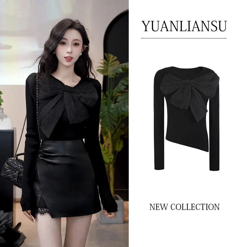时尚两件套上衣+半身裙 2024法式时尚风百搭黑色蝴蝶结打底衫女